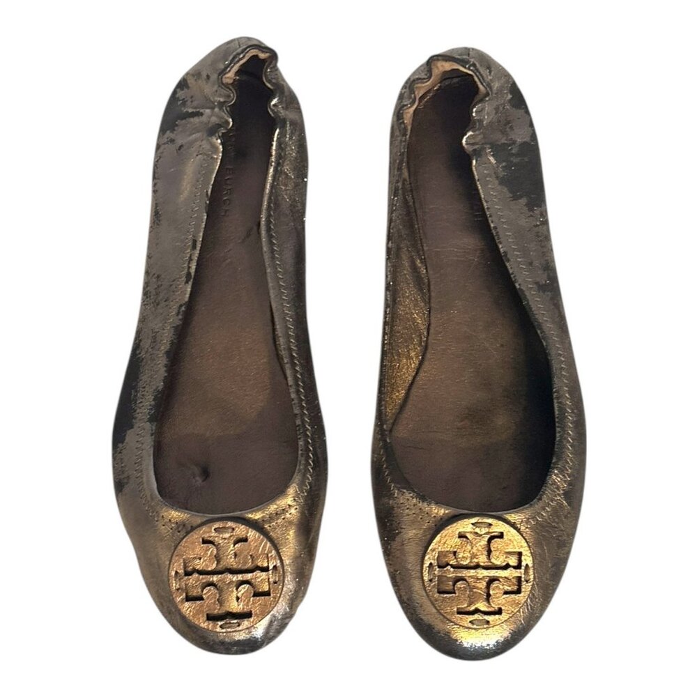 Tory Burch Minnie Leather Ballet Flats 8 Pewter Grey Metallic Logo Luxury - Picture 3 of 10